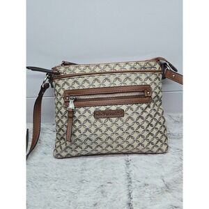 Dana Buchman Crossbody Bag Tan Brown Signature Print Zip Pockets Adjustable Stra